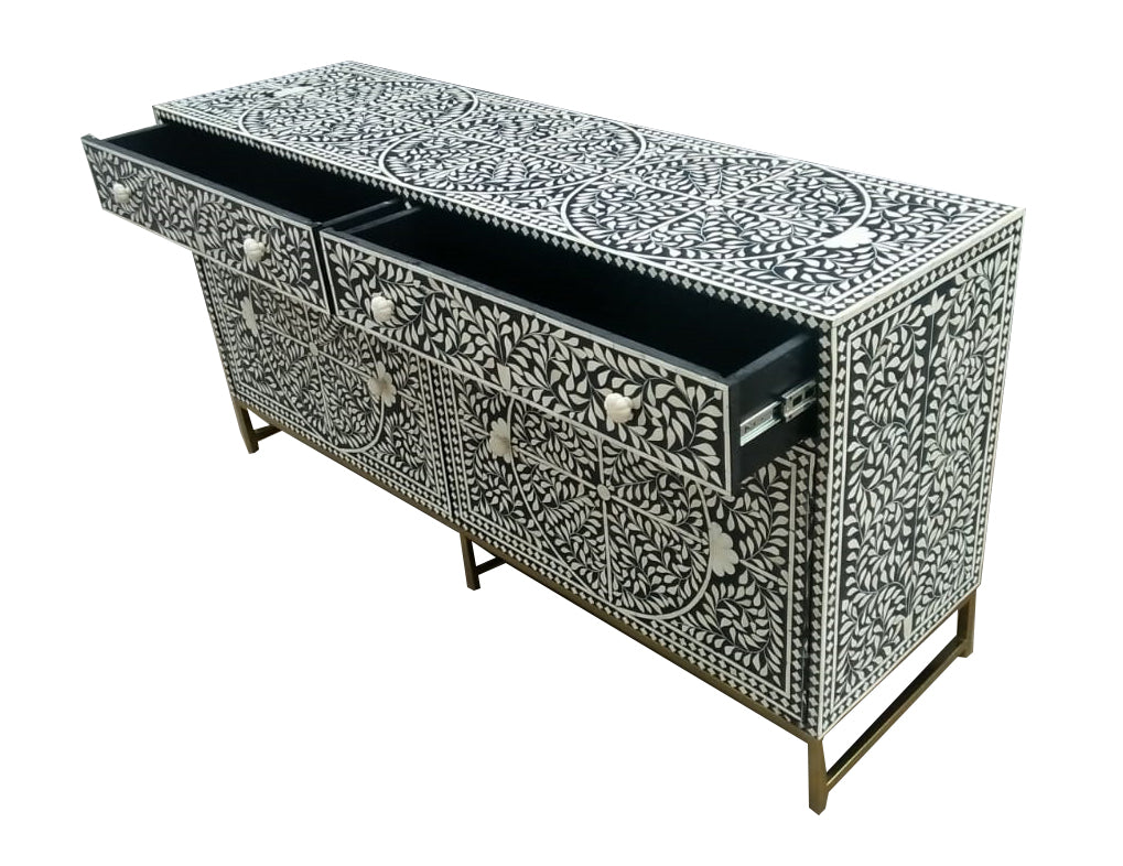 Bone Inlay Buffet Chest of Drawers - Black Floral Scroll - Abacus and Hunt LLC