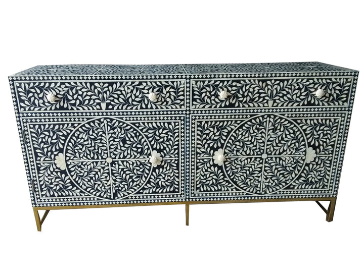 Bone Inlay Buffet Chest of Drawers - Black Floral Scroll - Abacus and Hunt LLC