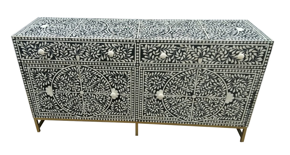 Bone Inlay Buffet Chest of Drawers - Black Floral Scroll - Abacus and Hunt LLC