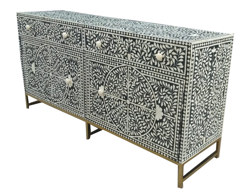 Bone Inlay Buffet Chest of Drawers - Black Floral Scroll - Abacus and Hunt LLC