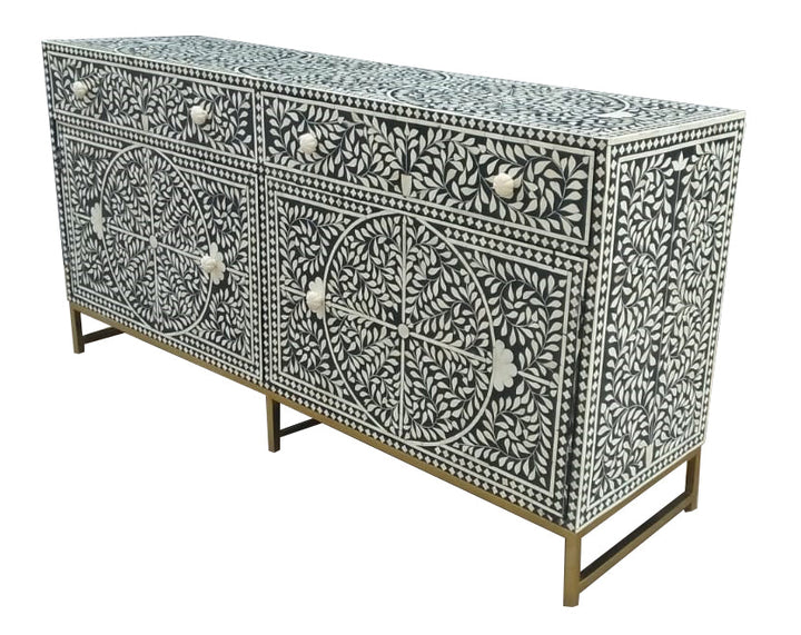 Bone Inlay Buffet Chest of Drawers - Black Floral Scroll - Abacus and Hunt LLC