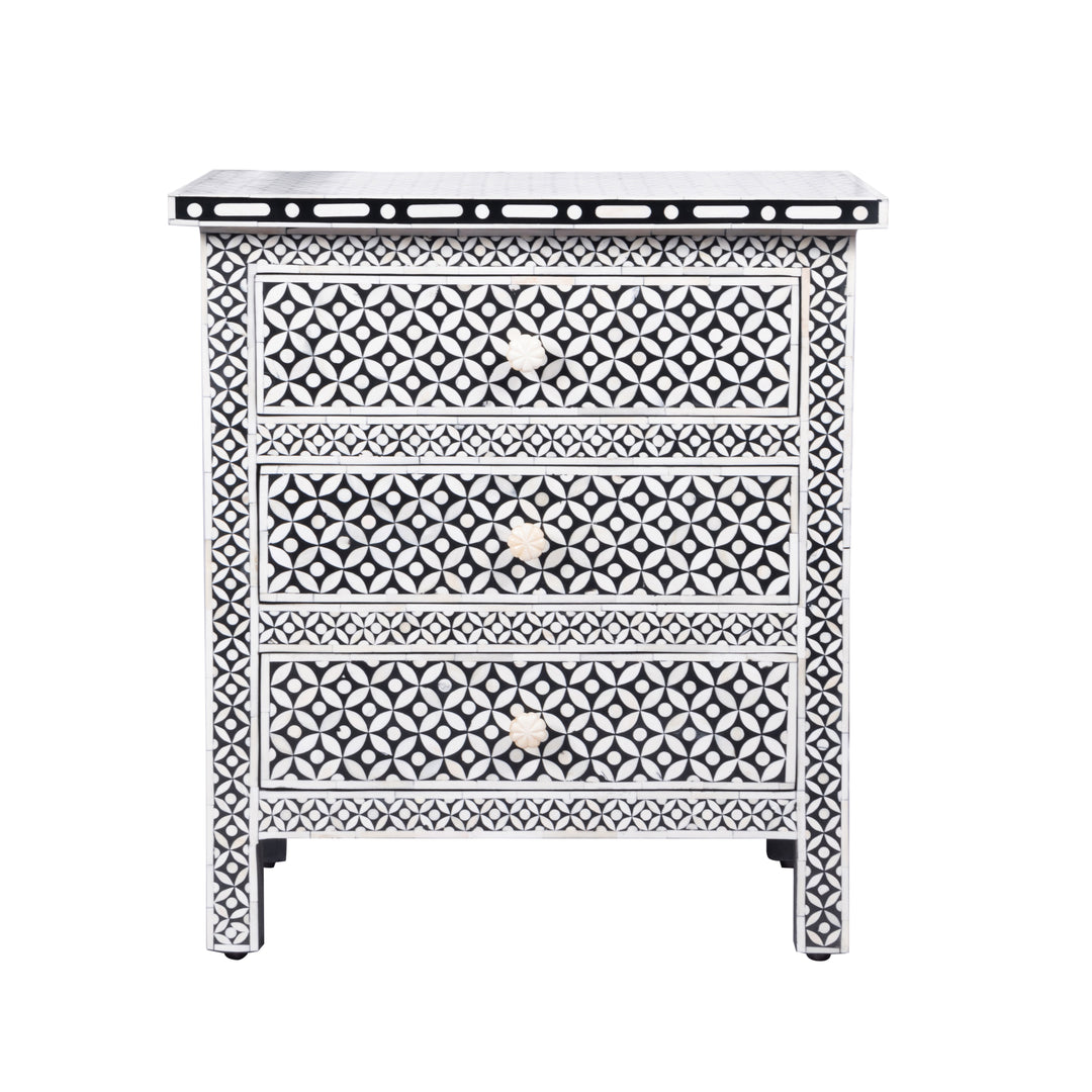 Bone Inlay Large 3 Drawer Bedside Table - Black Geometric - Abacus and Hunt LLC