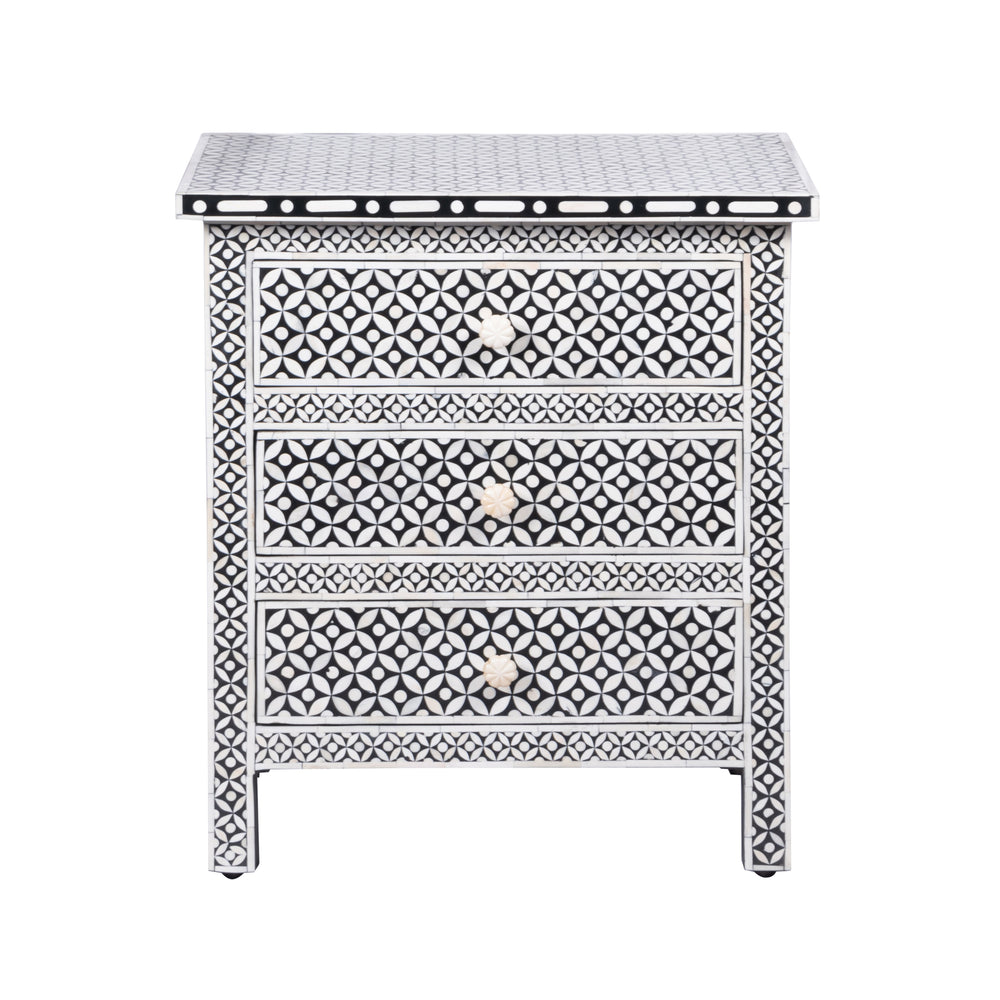 Bone Inlay Large 3 Drawer Bedside Table - Black Geometric - Abacus and Hunt LLC