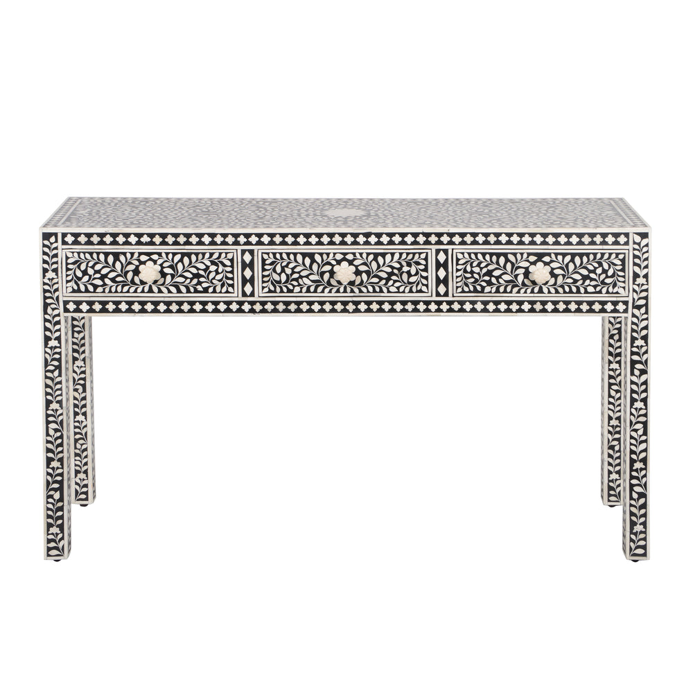 Bone Inlay 3 Drawer Hall Table or Side Table - Black Floral - Abacus and Hunt LLC