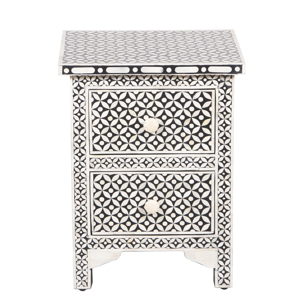 Bone Inlay Bedside, with 2 Drawers - Black Geometric - Abacus and Hunt LLC