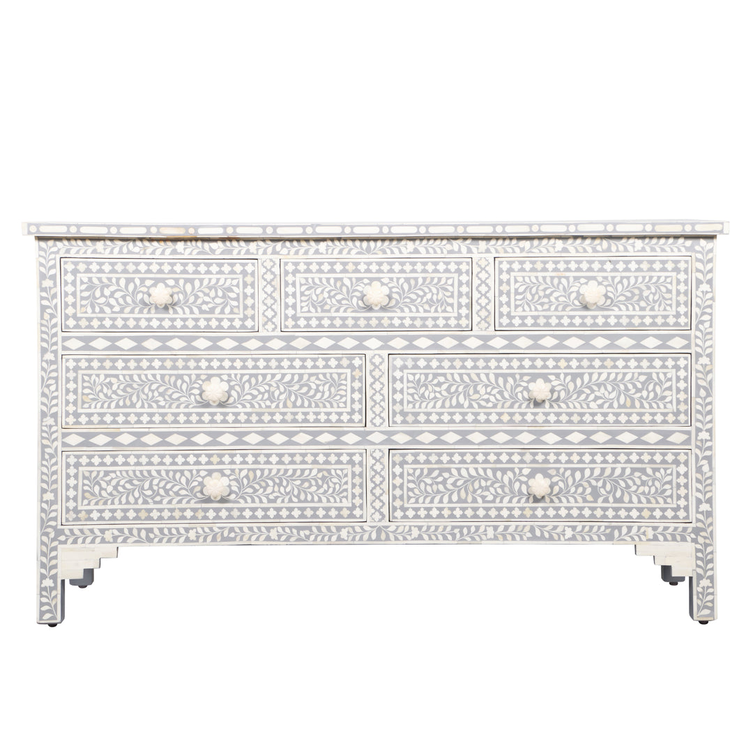 Bone Inlay 7 Drawer Chest of Drawers - Light Grey, Floral - Abacus and Hunt LLC