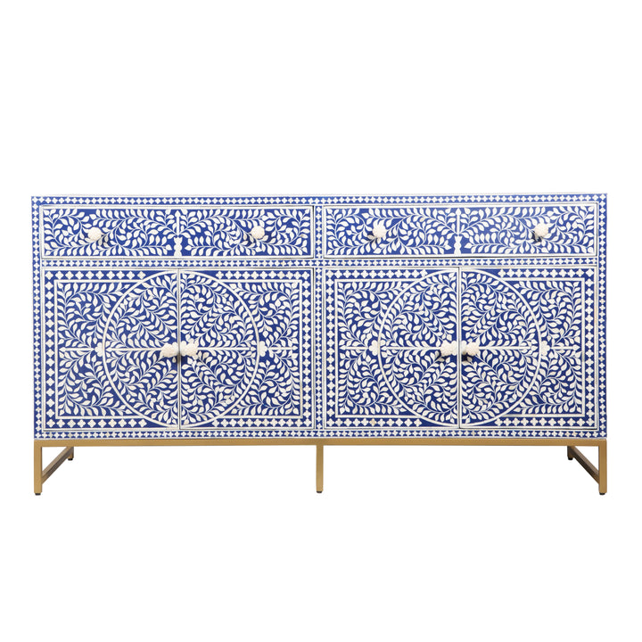 Bone Inlay Buffet Chest of Drawers -Navy Blue Floral Scroll - Abacus and Hunt LLC