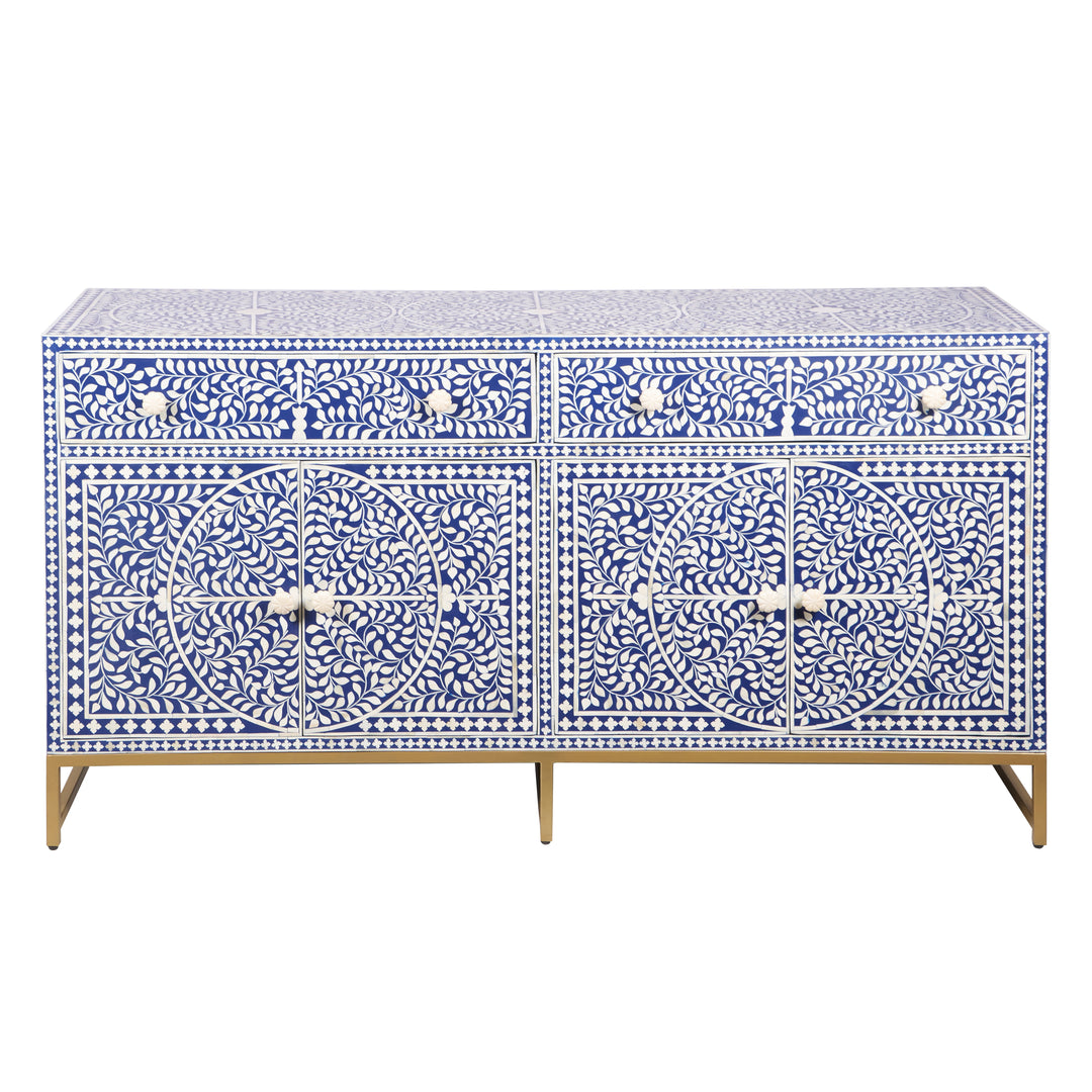 Bone Inlay Buffet Chest of Drawers -Navy Blue Floral Scroll - Abacus and Hunt LLC