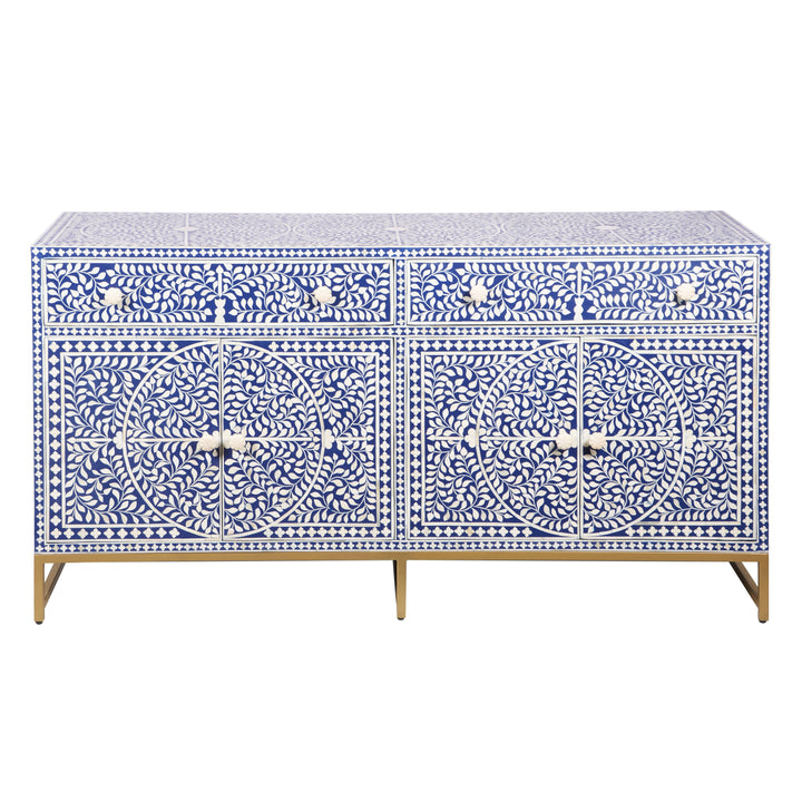 Bone Inlay Buffet Chest of Drawers -Navy Blue Floral Scroll - Abacus and Hunt LLC