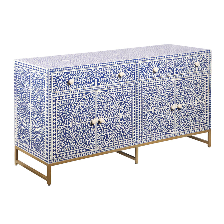 Bone Inlay Buffet Chest of Drawers -Navy Blue Floral Scroll - Abacus and Hunt LLC