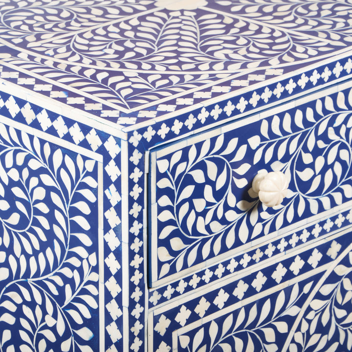 Bone Inlay Buffet Chest of Drawers -Navy Blue Floral Scroll - Abacus and Hunt LLC