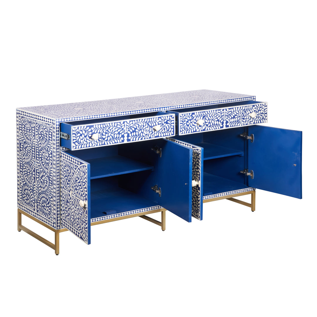 Bone Inlay Buffet Chest of Drawers -Navy Blue Floral Scroll - Abacus and Hunt LLC