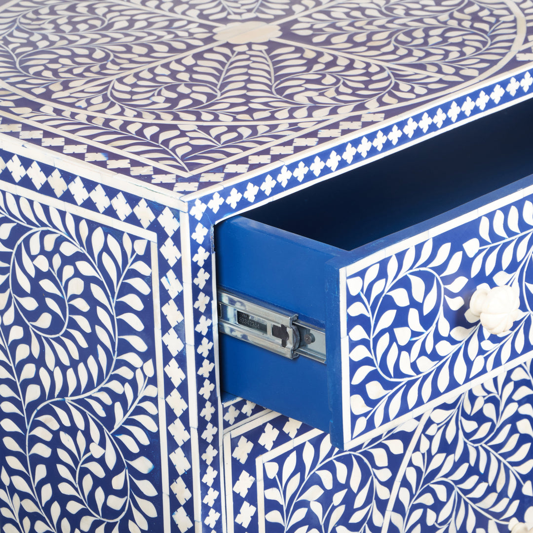 Bone Inlay Buffet Chest of Drawers -Navy Blue Floral Scroll - Abacus and Hunt LLC