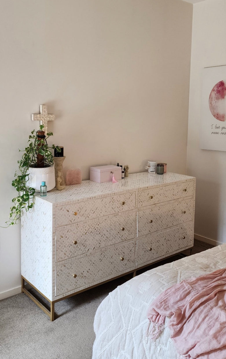 Bone Inlay Buffet 6 Drawer Chest of Drawers - White Geometric - Abacus and Hunt LLC